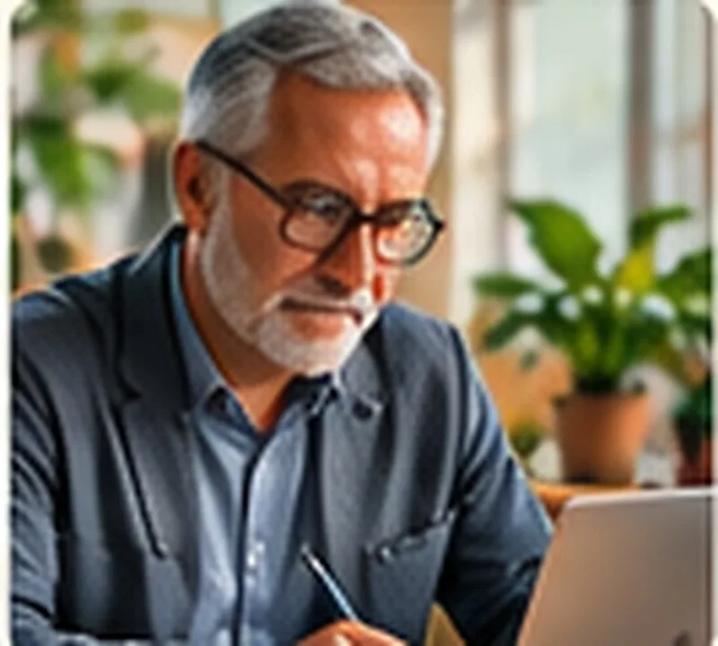 An older man in glasses writing at a desk by a window
